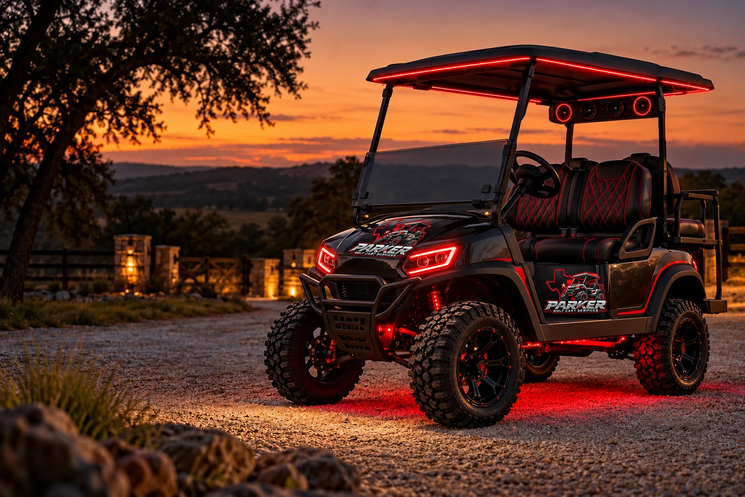 Illustrative Parker-branded golf cart with red seat stitching, red LED headlights, roof lighting and a rear soundbar at a Texas ranch